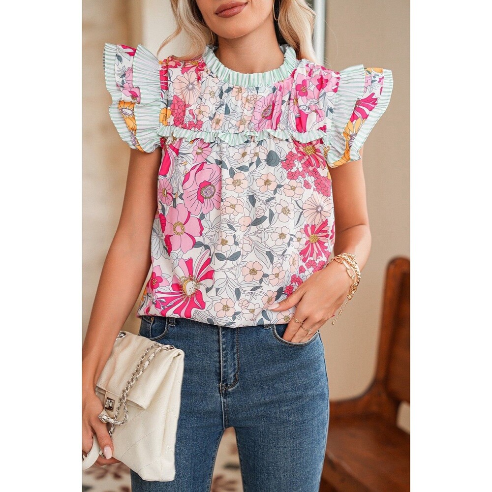 Boutique Women’s Ruffle Sleeve Floral Blouse Pink & Blue Size Large No Tags